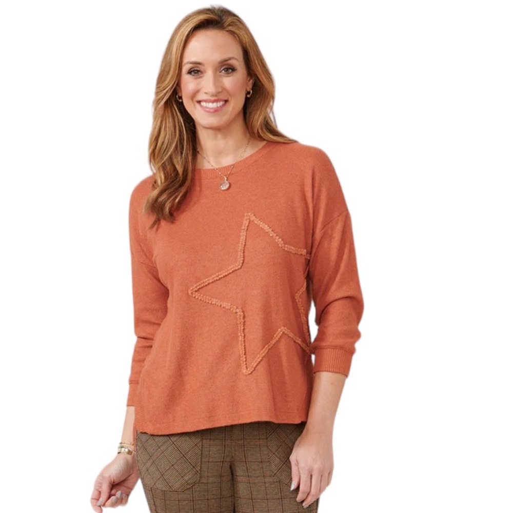 Democracy Ginger Spice 3/4 Sleeve Boat Neck Embroidered Star Knit Top